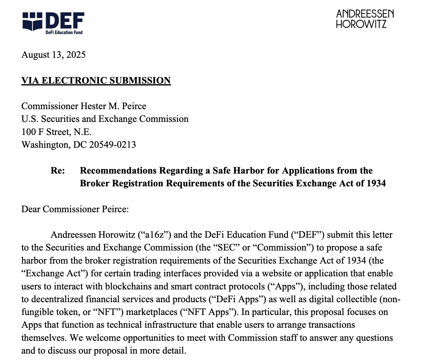 A16z Crypto And Advocacy Group Call For NFT, DeFi App Safe Harbor At SEC