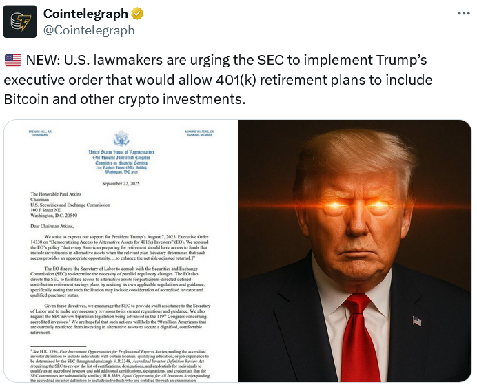 US Lawmakers Ask SEC to Act on Trump’s Crypto 401(k) Plan
