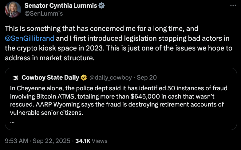 Senator Behind Market Structure Says Bill Could Address Crypto ATM Scams