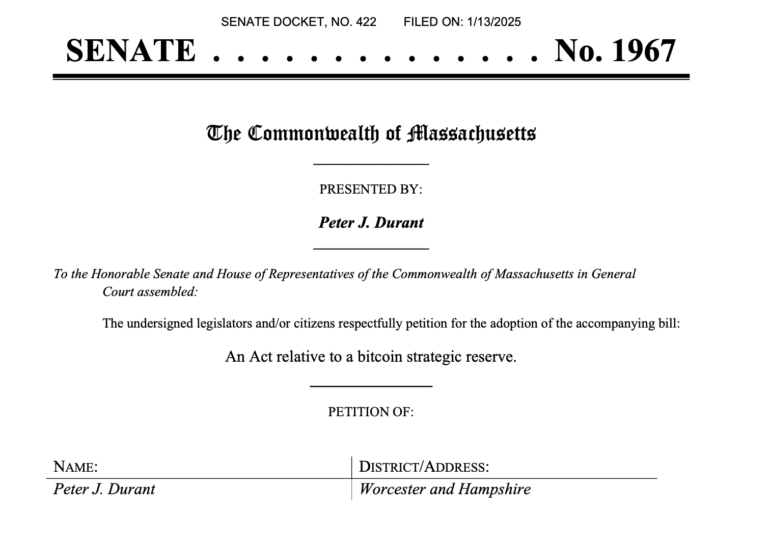 Massachusetts to Hold Hearing to Consider Bitcoin Reserve Bill