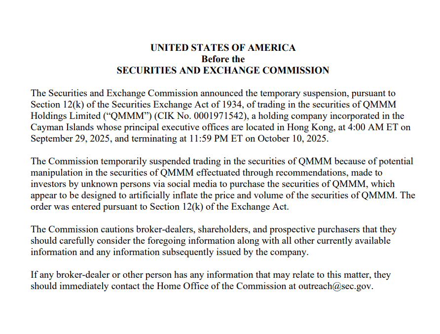 SEC Freezes QMMM Trading After 1,700% Surge, Cites Stock Manipulat…