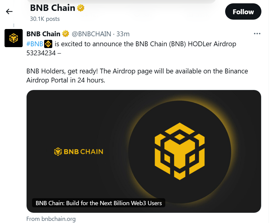 BNB Chain X account hacked to promote airdrops