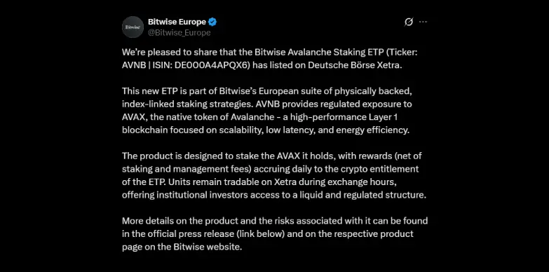 Bitwise Launches Regulated Avalanche Staking ETP in Europe