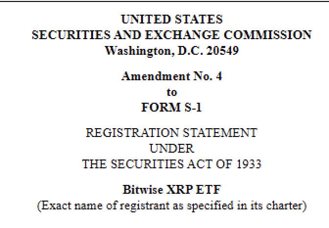 Bitwise XRP ETF Moves Closer to Launch as Firm Submits Final S-1 Filing
