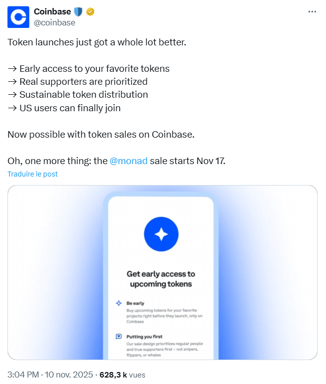 Coinbase lance une plateforme de prévente de tokens et dévoile le premier projet, Monad